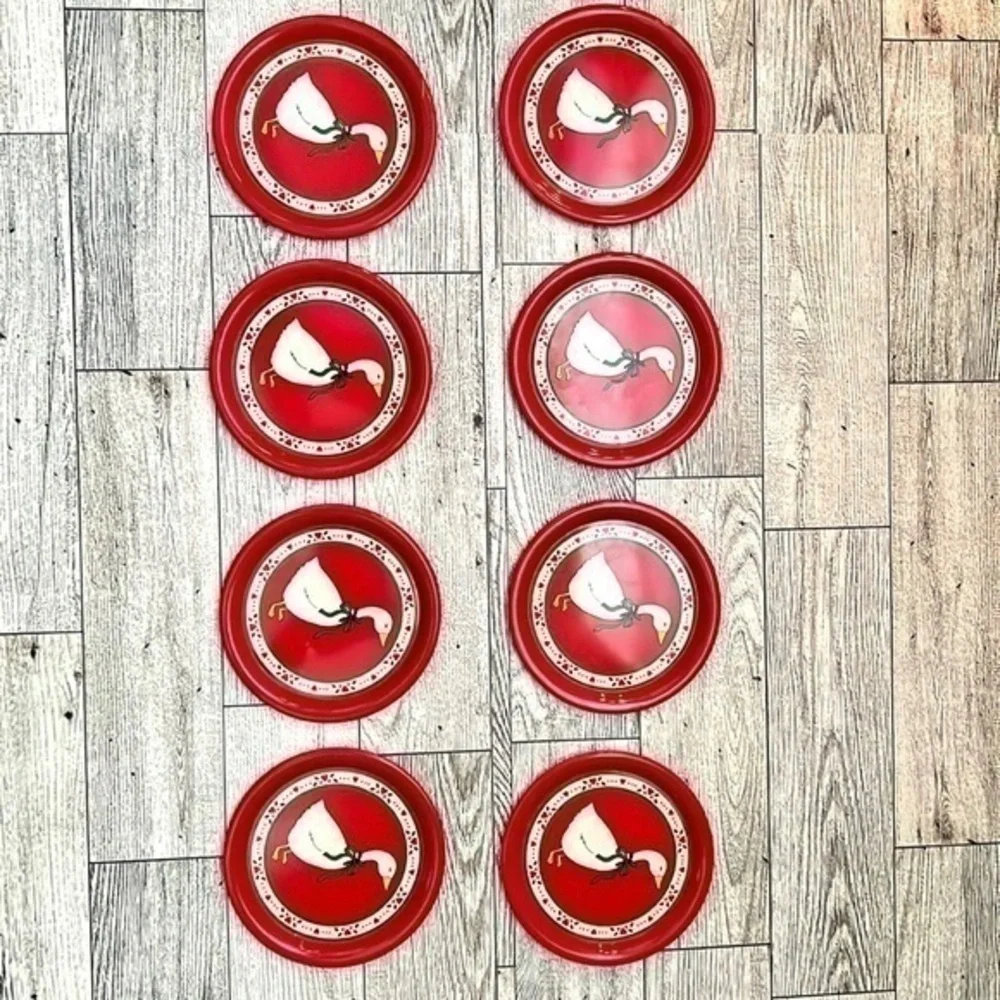 Vintage Aluminum Tin Christmas Geese Coaster Set (8)